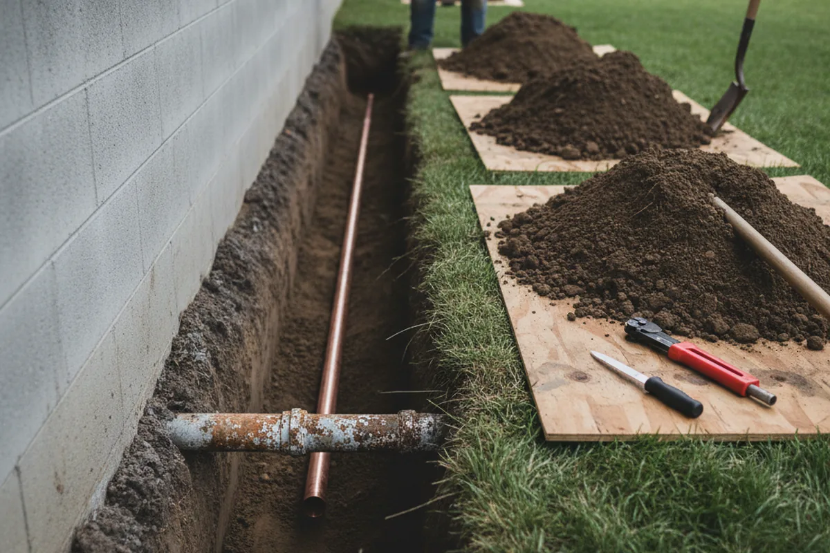 Excavated water line trench during Water Heater Repair in Tom Bean